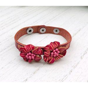 Vintage Bracelet Red Leather With Flowers 6" length